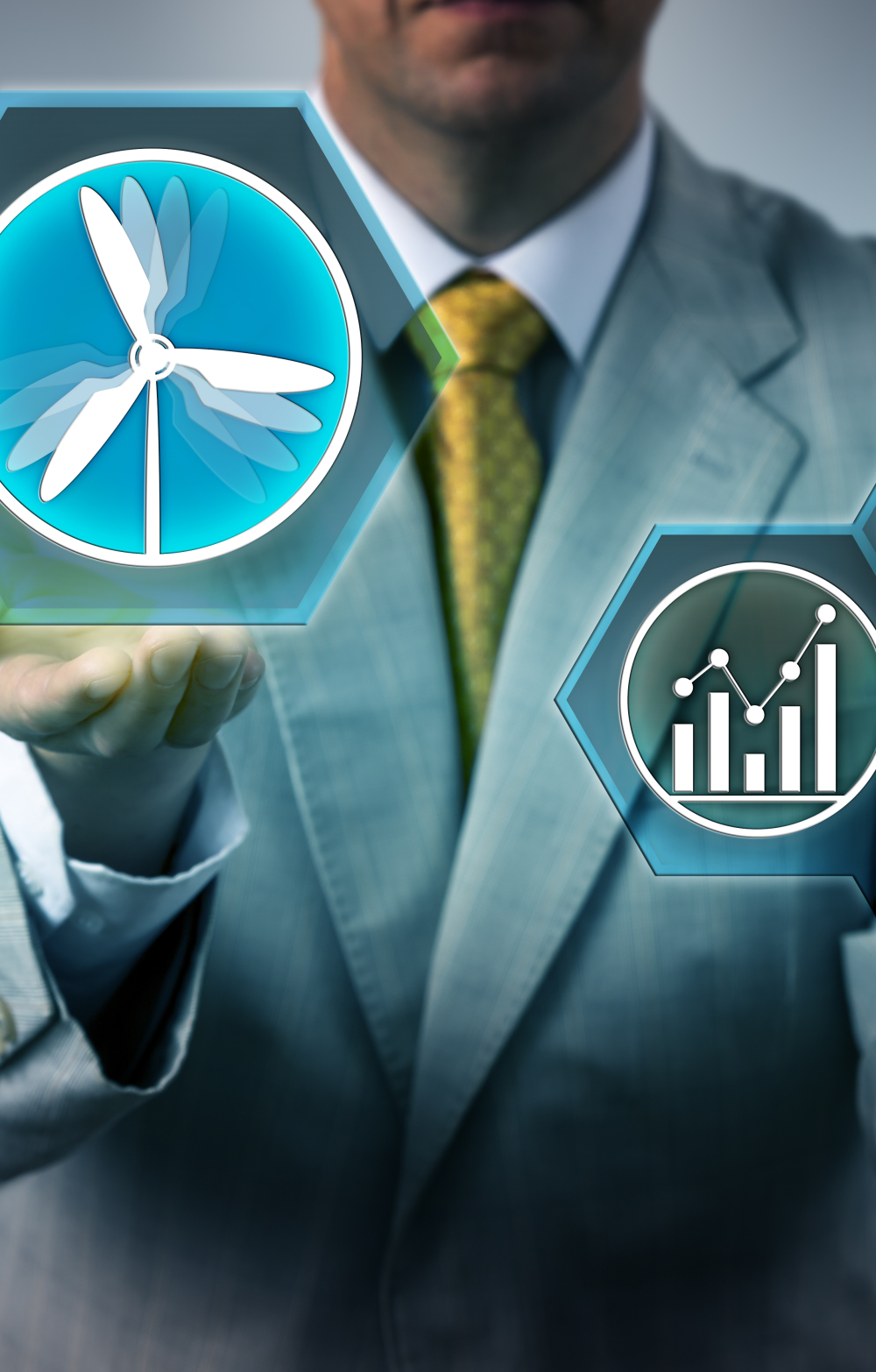 Man in suit in a balancing act of ESG symbols