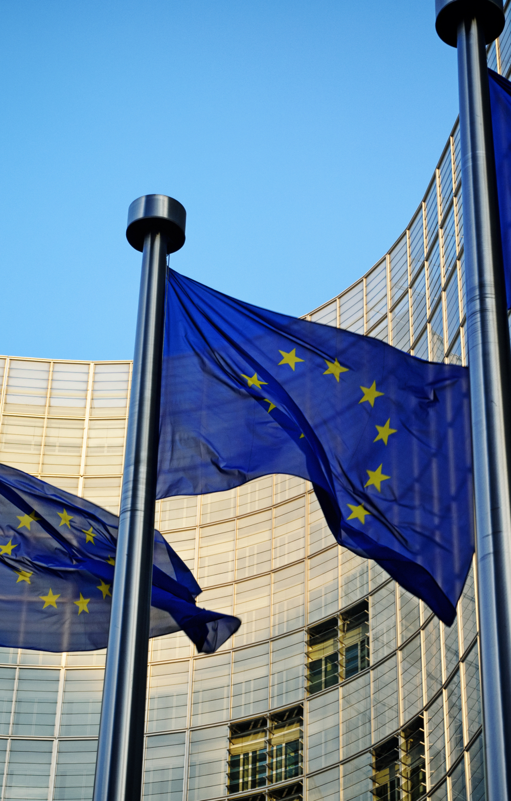 EU flags in front of European Commission building in Brussels