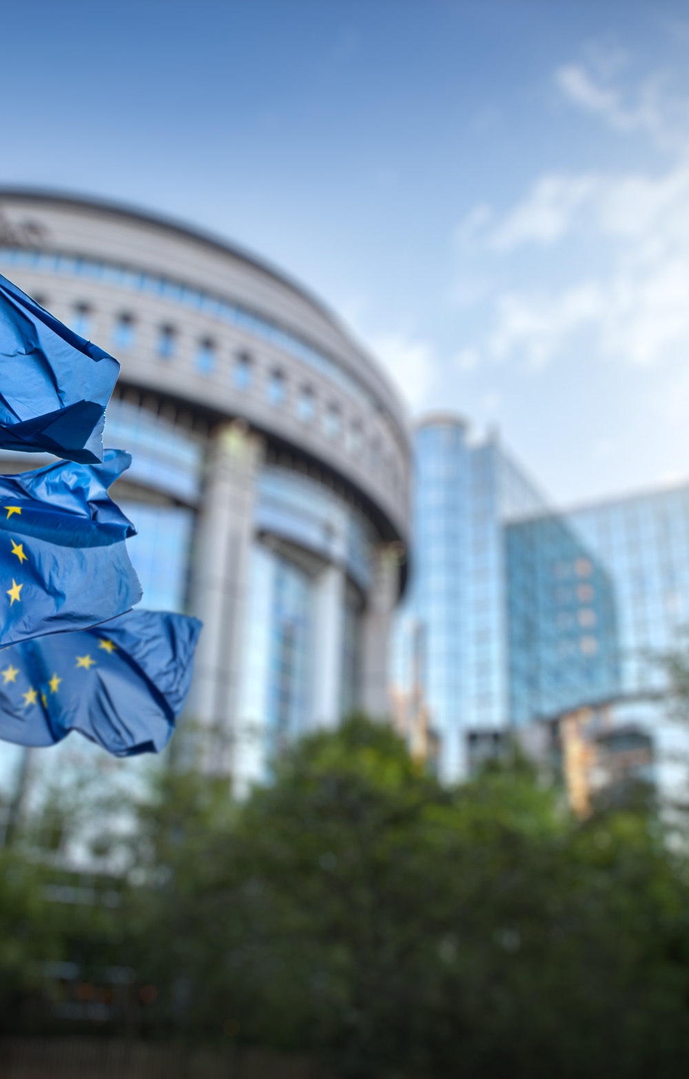 Photo of the European Parliament in Brussels with the EU flags flying