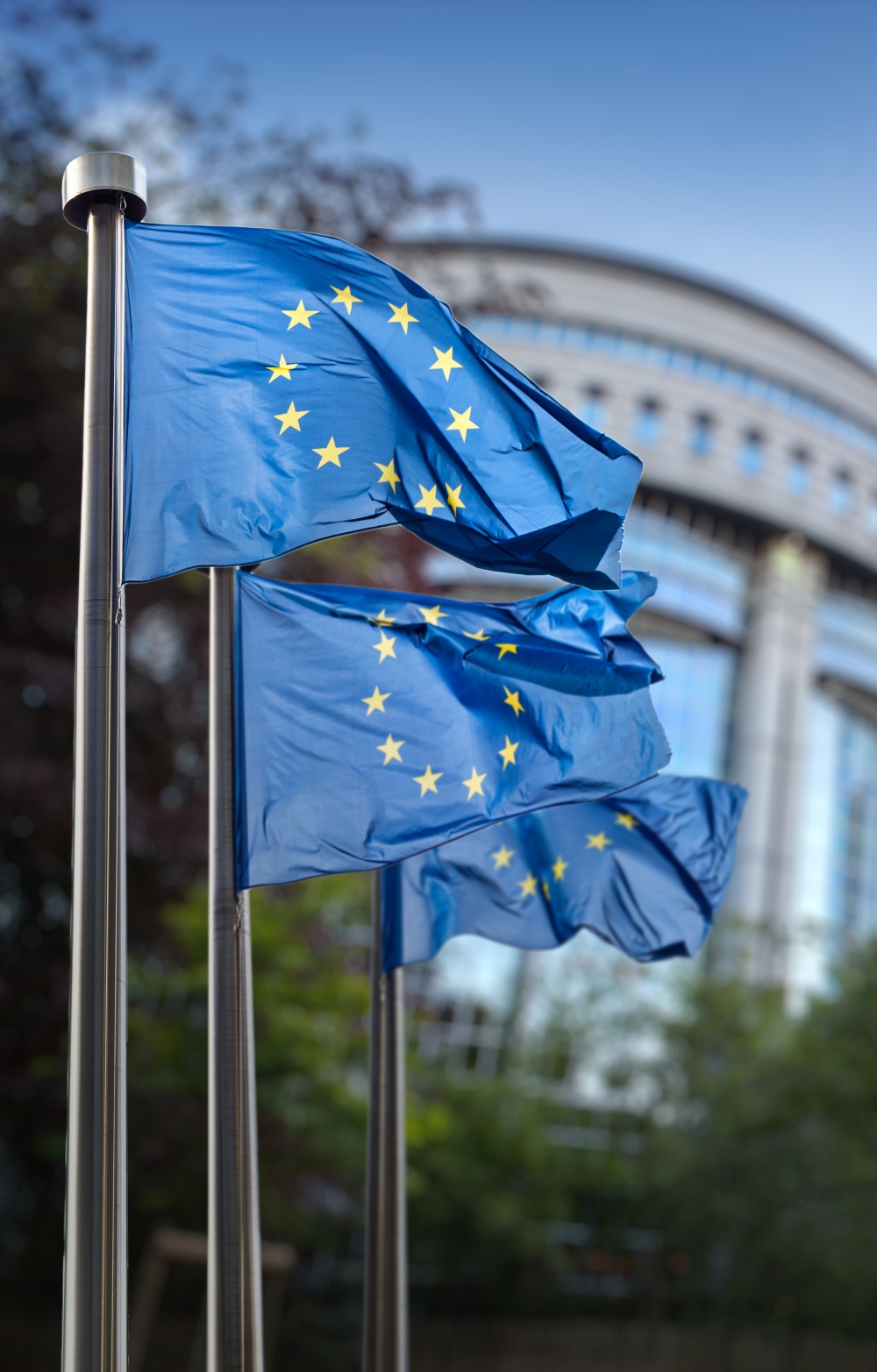 European Parliament in Brussels with the EU flags flying against a sunny background