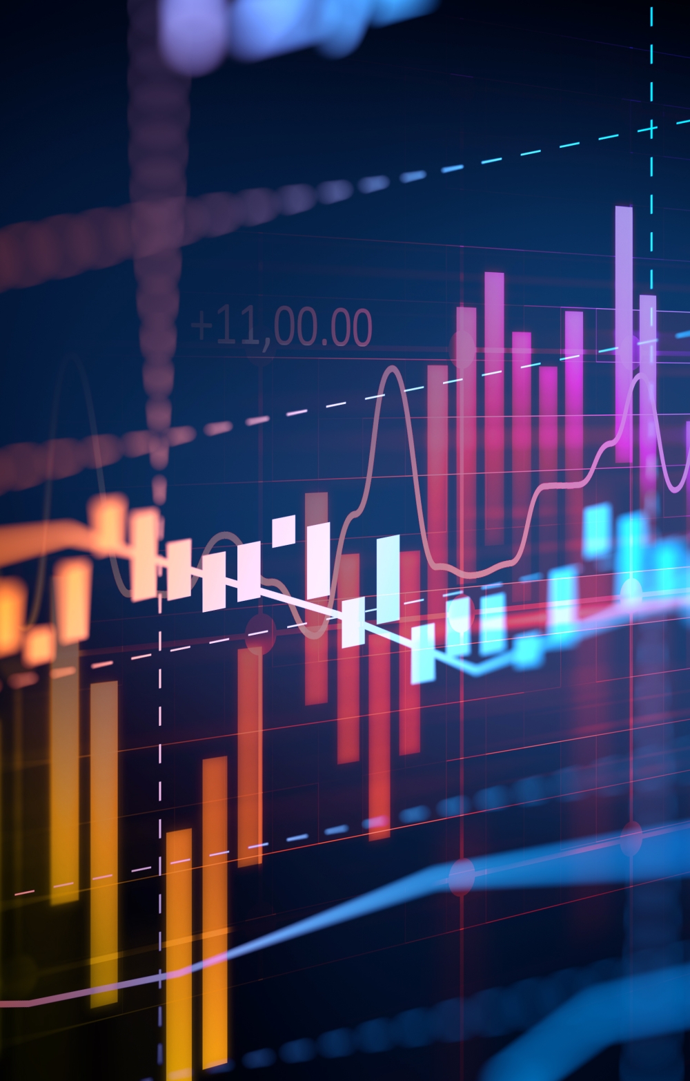 Stock Exchange screen showing sharp variations in display charts with many colours