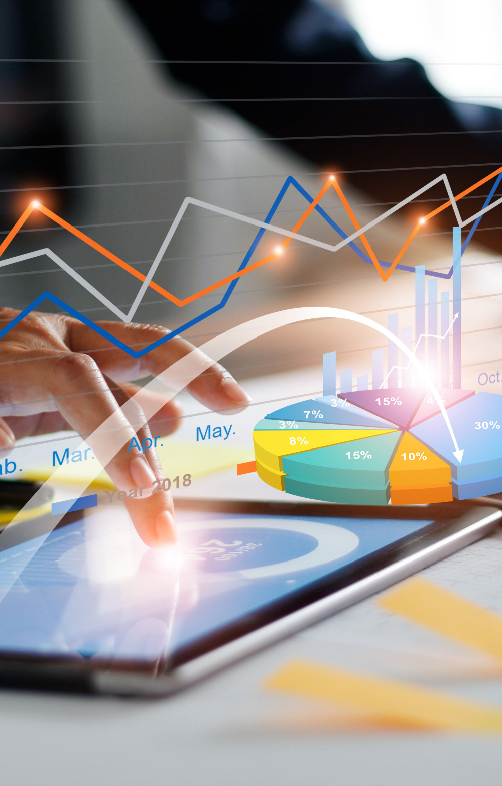 fingers on a the screen of an ipad against a fancy virtual background showing colorful charts