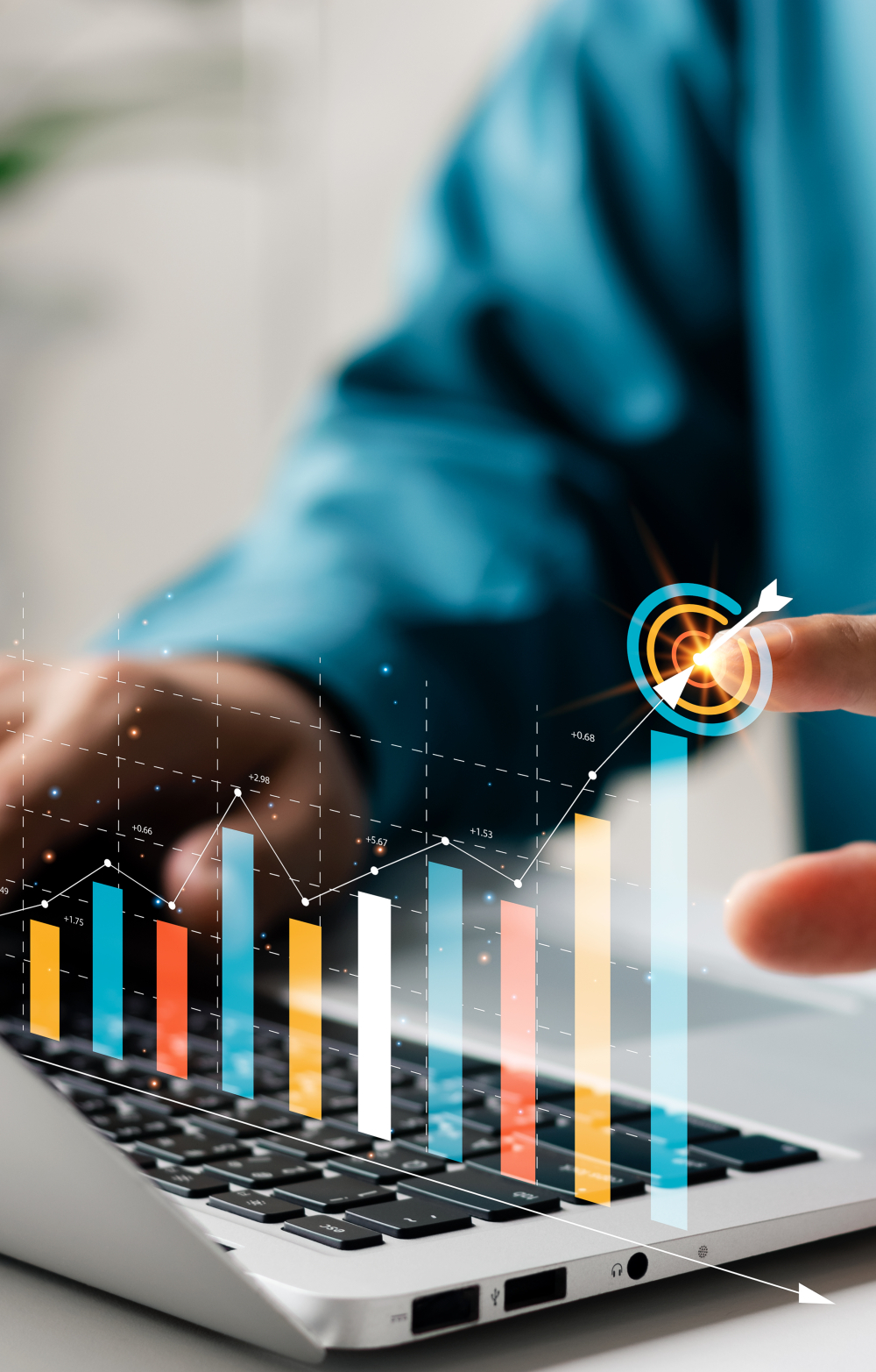 Businessman analyzing company's financial balance sheet working with digital augmented reality graphics. Businessman calculates financial data for long-term investment