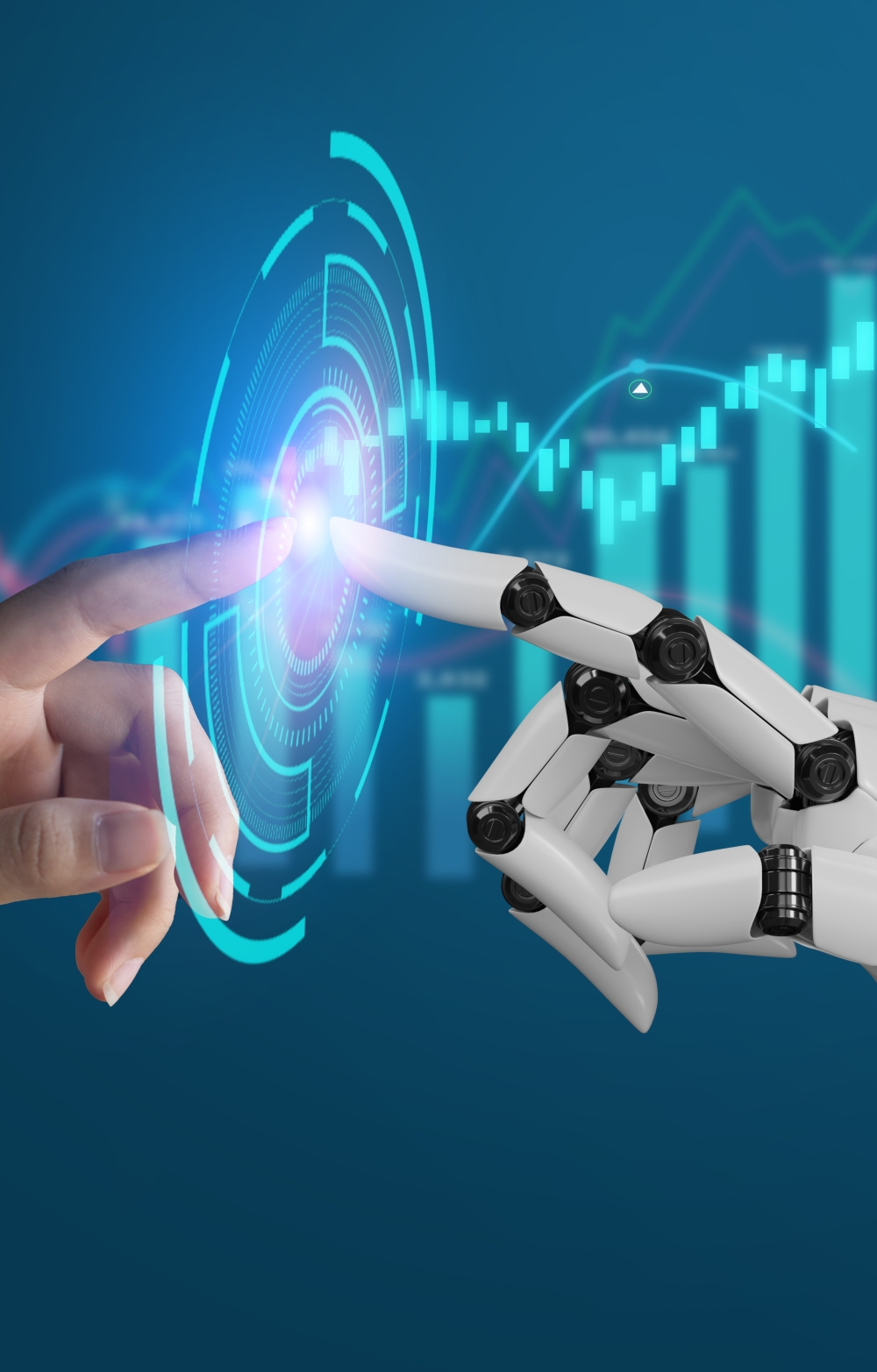 AI, Machine learning, robot hand ai artificial intelligence assistance human touching on big data network connection background, Science artificial intelligence technology, innovation and futuristic