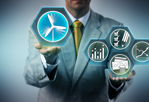 Man in suit in a balancing act of ESG symbols