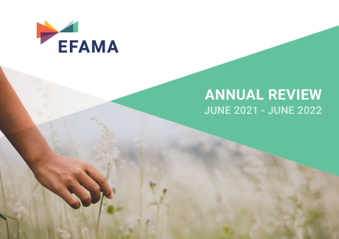 Cover of EFAMA Annual Review in green  tones showing a hand picking a flower in a field