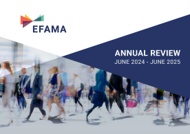 Cover page of EFAMA's Annual Review 2024-2025 in blue and pink colors and all blurry. Showing a busy business area with people walking