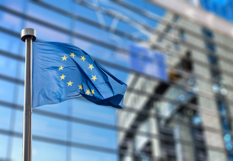 EU flag flying full mast on Berlaymont in Brussels background
